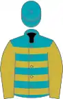 Peacock blue, old gold hoops and sleeves
