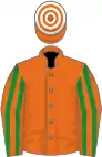 Orange, green striped sleeves, orange and white hooped cap
