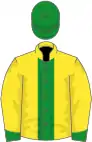 Yellow, green stripe and cuffs, green cap
