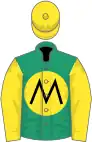 Emerald green, yellow disc, yellow sleeves and cap