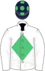 White, emerald green diamond, dark blue cap, green spots