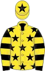 Yellow, Black stars, Black and Yellow hooped sleeves, Yellow cap, Black star