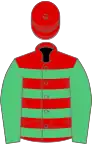 Red and emerald green hoops, emerald green sleeves, red cap