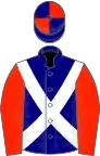 Navy blue, scarlet sleeves, quartered cap, white cross belts