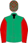 Jade green, red sleeves, check cap