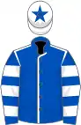 Royal blue, white seams, hooped sleeves, white cap, royal blue star