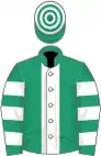 Emerald green, white stripe, hooped sleeves and cap