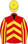Red, yellow chevrons, striped sleeves, yellow cap