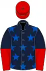 Dark blue, royal blue stars, dark blue and red halved sleeves, red cap