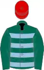 Dark green, light blue hoops, dark green sleeves, red cap