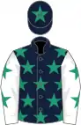 Dark blue, emerald green stars, white sleeves, emerald green stars, dark blue cap, emerald green star