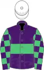 Purple, emerald green hoop, checked sleeves, white cap