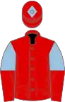 Red, Light Blue and Red halved sleeves, Red cap, Light Blue diamond