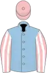 Light blue, pink and white striped sleeves, pink cap
