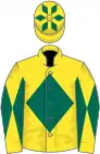Yellow, dark green diamond, diabolo on sleeves and diamonds on cap