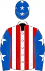 White and red stripes, royal blue sleeves, white stars, royal blue cap, white stars