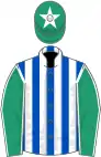Royal blue and white stripes, emerald green sleeves, white seams, emerald green cap, white star