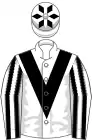 White, black chevron, black and white striped sleeves, white cap, black diamonds