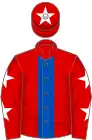 Red, royal blue stripe, red sleeves, white stars, red cap, white star