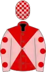 Red and pink diabolo, pink sleeves, red spots, red and pink check cap