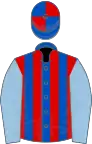 Royal blue and red stripes, light blue sleeves, royal blue and red quartered cap