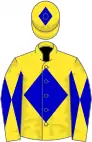 Yellow, blue diamond, diabolo on sleeves, diamond on cap