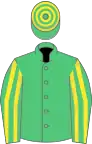 Emerald green, yellow striped sleeves, hooped cap