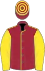 Maroon, yellow seams and sleeves, hooped cap