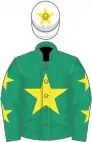 Emerald green, yellow star, emerald green sleeves, yellow stars, white cap, yellow star
