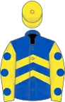 Royal blue, yellow chevrons, yellow sleeves, royal blue spots, yellow cap