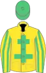 Yellow, emerald green cross of lorraine, striped sleeves, emerald green cap