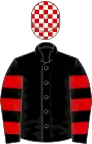 Black, red hooped sleeves, red and white checked cap