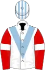 White, light blue chevron, striped cap, red sleeves, white armlets