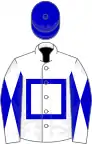 White, royal blue hollow box, diabolo on sleeves, royal blue cap