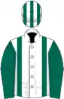 White, dark green braces and sleeves, striped cap