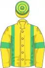 Yellow, emerald green braces, yellow sleeves, green armlets, hooped cap