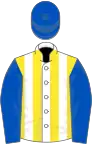 White and yellow stripes, royal blue sleeves and cap