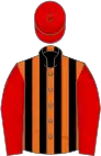 Orange and black stripes, red sleeves and cap
