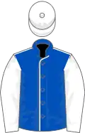 Blue, white seams, white sleeves, white cap