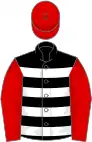 Black, White hoops, Red sleeves and cap