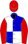 Blue and white (quartered), red sleeves and cap
