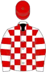 White and red check, hooped sleeves, red cap