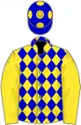 Blue and yellow diamonds, yellow sleeves, blue cap, yellow spots