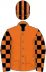 Orange, black and orange check sleeves, striped cap