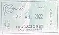 Updated design of Peruvian exit stamp, issued at Lima Airport on August 2022. It features the Peru Brand logotype.