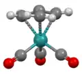Structure of Ru(trimethylenemethane)(CO)3, viewed orthogonal to C3 axis.