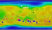Ice (white), salt (red) and warm-season flows (blue) on Mars