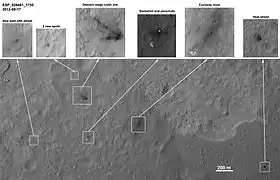 MSL debris field viewed by HiRISE on August 17, 2012 - parachute is 615&nbsp;m (2,018&nbsp;ft) from Curiosity. (3-D: rover &  parachute)
