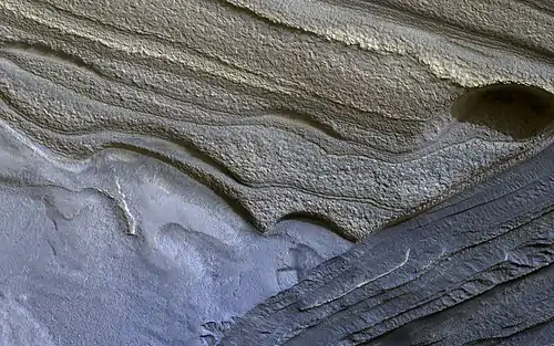 Image 1Climate of MarsPhotograph credit: NASA&nbsp;/ JPL–Caltech&nbsp;/ University of ArizonaAlthough Mars is smaller than the Earth and 50&nbsp;percent farther from the Sun, its climate has important similarities with the Earth, such as the presence of polar ice caps, seasonal changes and observable weather patterns. This image shows layered deposits in Planum Boreum, in the north polar region of Mars, which formed from a 3-kilometre-thick (2&nbsp;mi) stack of dusty water-ice layers about 1,000&nbsp;km (600&nbsp;mi) across. The layers record information about the climate of the planet stretching back several million years. Erosion has created scarps and troughs that expose the layering. The tan-colored layers are the dusty water ice of the polar layered deposits, however a section of bluish layers is visible below them. These bluish layers contain sand-sized rock fragments that likely formed a large polar dunefield before the overlying dusty ice was deposited. This photograph, depicting an area approximately 1.3&nbsp;km (0.8&nbsp;mi) across, was captured by the HiRISE camera on board NASA's Mars Reconnaissance Orbiter.More selected pictures