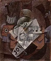 1913, Bouteille, clarinet, violon, journal, verre, 55 × 45&nbsp;cm (21 x 17 in). This painting from the collection of Wilhelm Uhde was confiscated by the French state and sold at the Hôtel Drouot in 1921